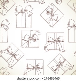 Seamless texture with  hand drawn gift boxes with bows and ribbons.  Sketch illustration on white background.