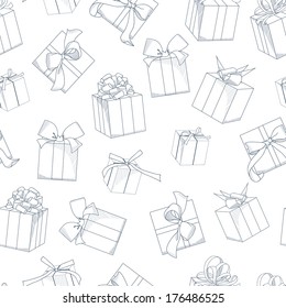 Seamless texture with  hand drawn gift boxes with bows and ribbons.  Sketch illustration on white background.