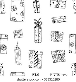 Seamless texture with  hand drawn gift boxes with bows and ribbons.  Sketch illustration on white background.