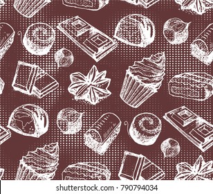 Seamless texture with hand drawn graphic chocolate set. Muffin, chocolate bar, cookie, candy. Can be used for bakery, sweet shop or your design. Repeating background. Tile pattern.