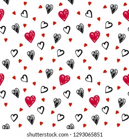 Seamless texture of hand drawn hearts. Wallpaper with the image of red and black elements. Vector illustration 