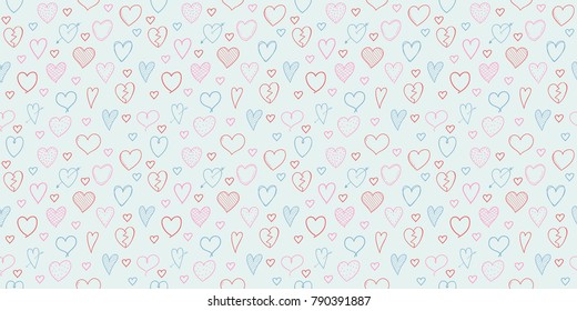 Seamless texture with hand drawn hearts for Valentine's Day, Women's Day or Mother's Day. Vector.
