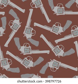 Seamless texture with hand-drawn revolvers on brown background