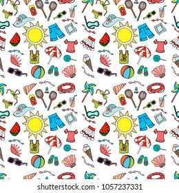 Seamless texture of handmade summer beach icons and symbols