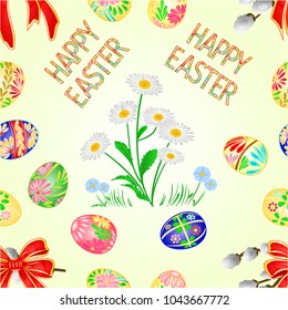 Seamless texture Happy Easter decoration Easter eggs and daisy on green grass, pussy willov and bow. Seasonal Holidays in April. Colorful eggs and flowers set three vector illustration editable hand d