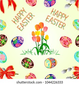 Seamless texture Happy Easter decoration Easter eggs and tulips on green grass, pussy willov and bow. Seasonal Holidays in April. Colorful eggs and flowers vector illustration editable hand draw