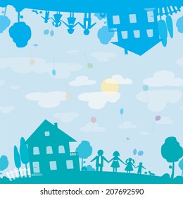 Seamless texture of happy family and house of dream. Illustration 
