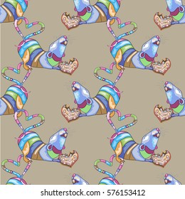  seamless texture, happy rat , eating cookies, colorful design on a beige background 