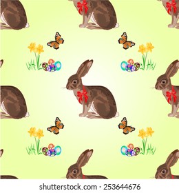 Seamless texture hare with butterflies and daffodil and easter eggs vector illustration