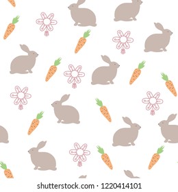 Seamless texture, hare and carrot, children pattern, hand drawing, flat style, vector illustration