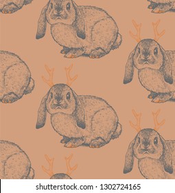 Seamless texture with hare with horns. Repeated hand drawn fantasy pattern. Vintage style. Graphic ornament with the magical bunny. 