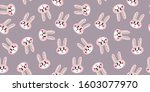 Seamless texture the head of a cute pink bunny with bright cheeks on a purple background, vector. For printing on wallpaper, children
