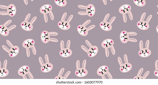Seamless texture the head of a cute pink bunny with bright cheeks on a purple background, vector. For printing on wallpaper, children's textiles, for social media backgrounds, stories, Easter cards.