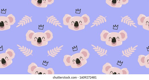 Seamless texture of the head of a cute pink koala with a crown and leaves, vector on a blue background. For printing on children's clothing, postcards, textiles, bags. Sticker and avatar of koala bear