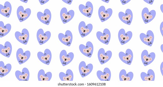 Seamless texture of the head of a cute pink koala in a bare heart, vector on a white background. For printing on children's clothing, postcards, textiles, bags. Sticker and avatar of koala bear. 