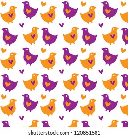 Seamless texture of hearts and birds on a blue background./ The heart and the birds.