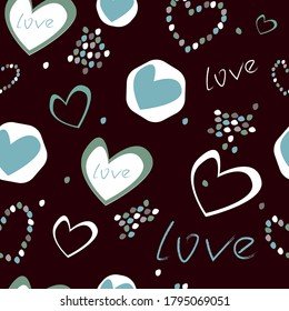 Seamless texture, hearts of different shapes, pebbles, inscriptions "love" on a maroon background. Pattern for clothing design, background with hearts
