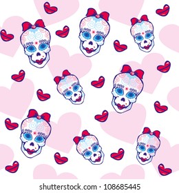 seamless texture with hearts, lips and sugar skull pattern