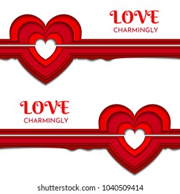 Seamless texture with hearts made of red paper layers on white background