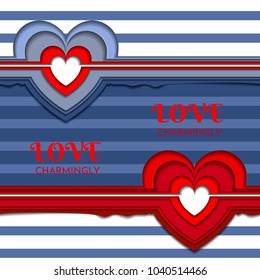 Seamless texture with hearts on a background of white and blue stripes