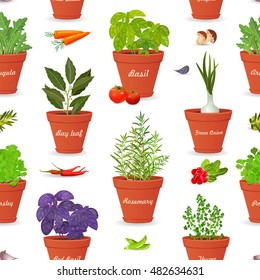 seamless texture with herbs planted in pots and fresh vegetables for your design