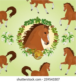 Seamless  texture  hestnut Horse head of stallion leaves and french horn hunting theme vector illustration