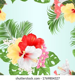 Seamless texture hibiscus and Orchids Cymbidium and tropical leaves vector