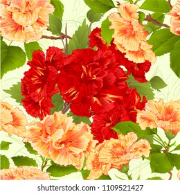 Seamless texture hibiscus Yellow and red tropical flowers  branches  on a leaves background vintage  vector botanical illustration editable hand draw