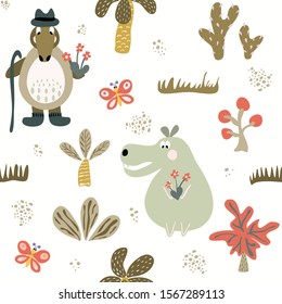Seamless texture with hippopotamus and crocodile. Seamless pattern can be used for wallpaper, pattern fills, web page background, surface textures. Scandinavian style.