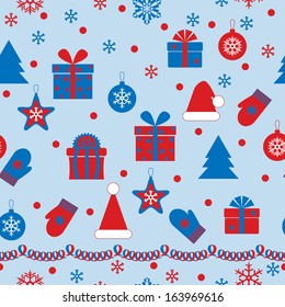 Seamless texture with holiday attributes on azure background.