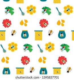 Seamless texture with honey. Vector illustration of pattern with beekeeping symbols.