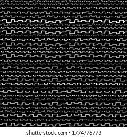 Seamless Texture of Horizontal lines, vector pattern of digital waves, white stripes on black background, texture design template