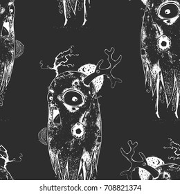 Seamless texture with horror monster. Dark background with nightmare. Repeated pattern for Halloween. It can be used as wallpaper, printing, covers, background for your blog or your design. 