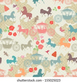 seamless texture with horses with carriage
