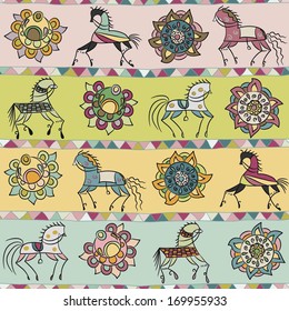 seamless texture with horses, flowers, and triangles
