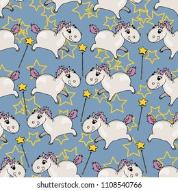 Seamless texture with horses. Little ponies, stars, magic wands on a blue background. Vector