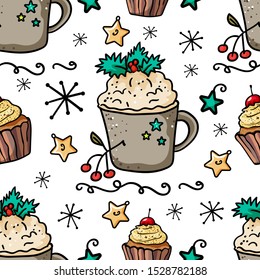 Seamless texture of hot coffee, latte with froth. Comfort, happiness, hygge, seamless background. Symbol of the New Year and Christmas. Home decor. - Vector illustration