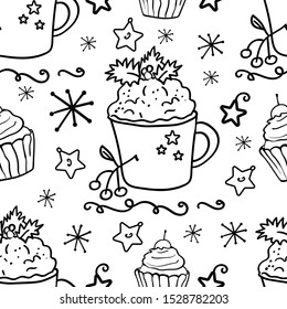 Seamless texture of hot coffee, latte with froth. Comfort, happiness, hygge, seamless background. Coloring page or book for children and adults. New Year and Christmas. - Vector illustration
