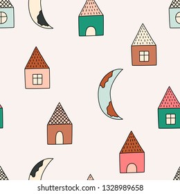 Seamless texture with houses and the month. Seamless pattern can be used for wallpaper, pattern fills, web page background,surface textures.