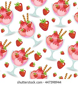 Seamless texture of ice cream dessert in a glass cup. Milk shake background. Kids Wallpaper sweet ice cream. Vector illustration.