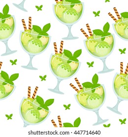 Seamless texture of ice cream dessert in a glass cup. Milk shake background. Kids Wallpaper sweet ice cream. Vector illustration.