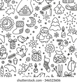 Seamless texture with icons - New Year, Christmas, winter, vector.