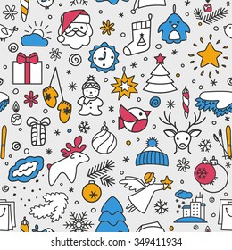 Seamless texture with icons - New Year, Christmas, winter. A vector.