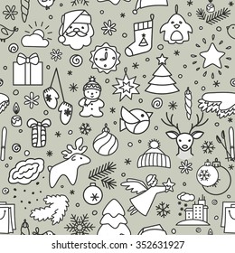 Seamless texture with icons - New Year, Christmas, winter. A vector.