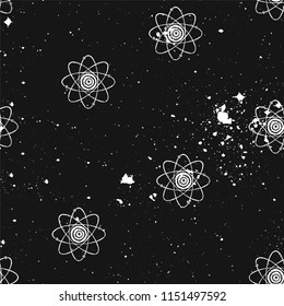 Seamless texture with illustration of the atom. Repeating background. Science tile pattern. 