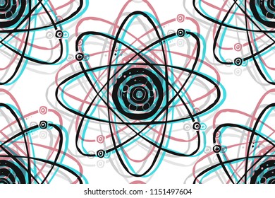 Seamless texture with illustration of the atom. Repeating background. Science tile pattern. 