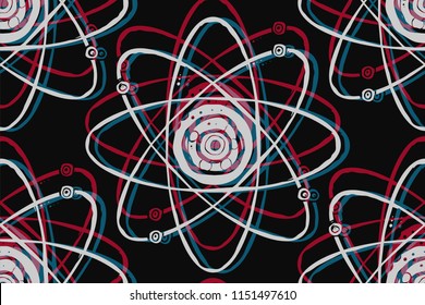 Seamless texture with illustration of the atom. Repeating background. Science tile pattern. 