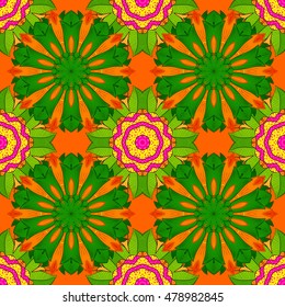 Seamless texture illustration with orange, pink and green background. Vector.