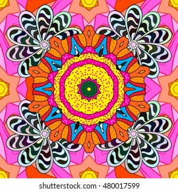 Seamless texture illustration with orange, pink and green background. Vector.
