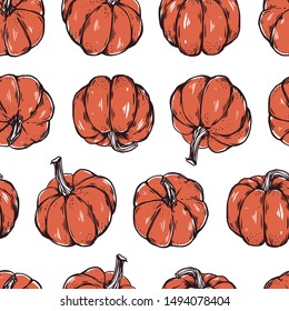 Seamless texture illustration with pumpkins. Halloween Autumn Harvesting style. 